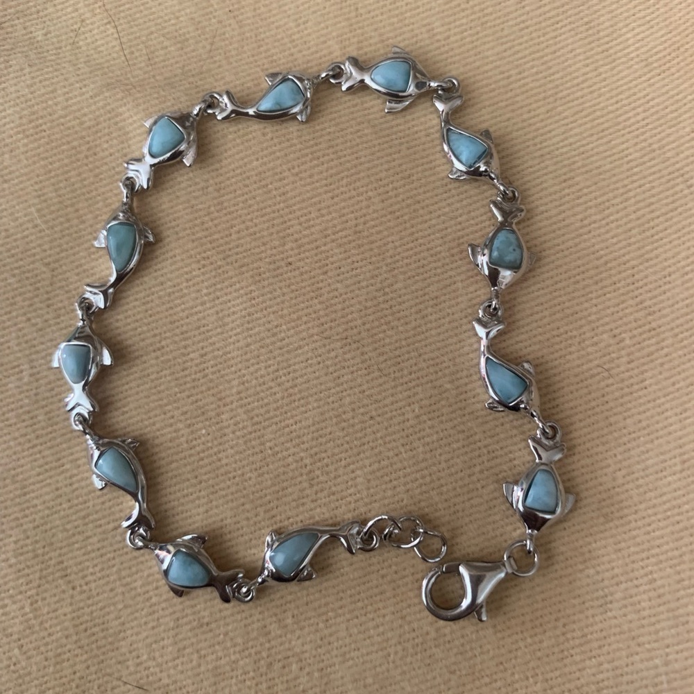 New sterling Silver and Blue Larimar Dolphin Bracelet size 7 1/2 inches